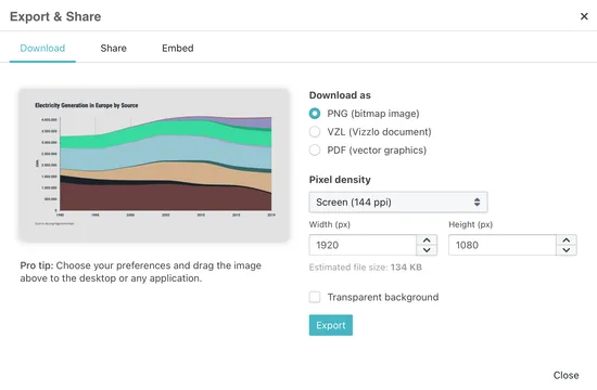 Screenshot of the updated export dialog