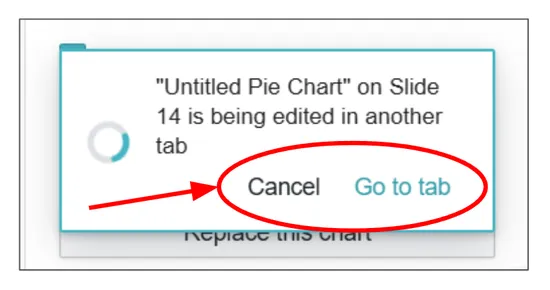 Screenshot of a floating editing indicator card in the Vizzlo for Google Slides integration showing the new buttons to move to or close a running editor tab