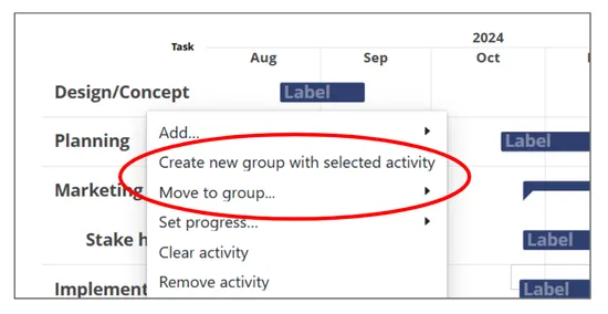 Screenshot of the context menu in the Gantt chart in Vizzlo. It highlights the new actions regarding the grouping function