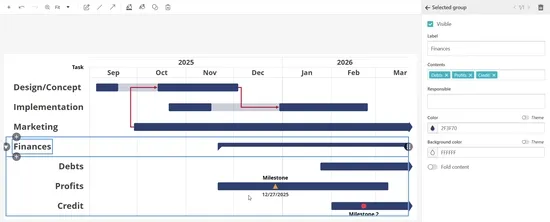 GIF showing how date labels of inline milestones can be displayed for the Gantt chart in Vizzlo.