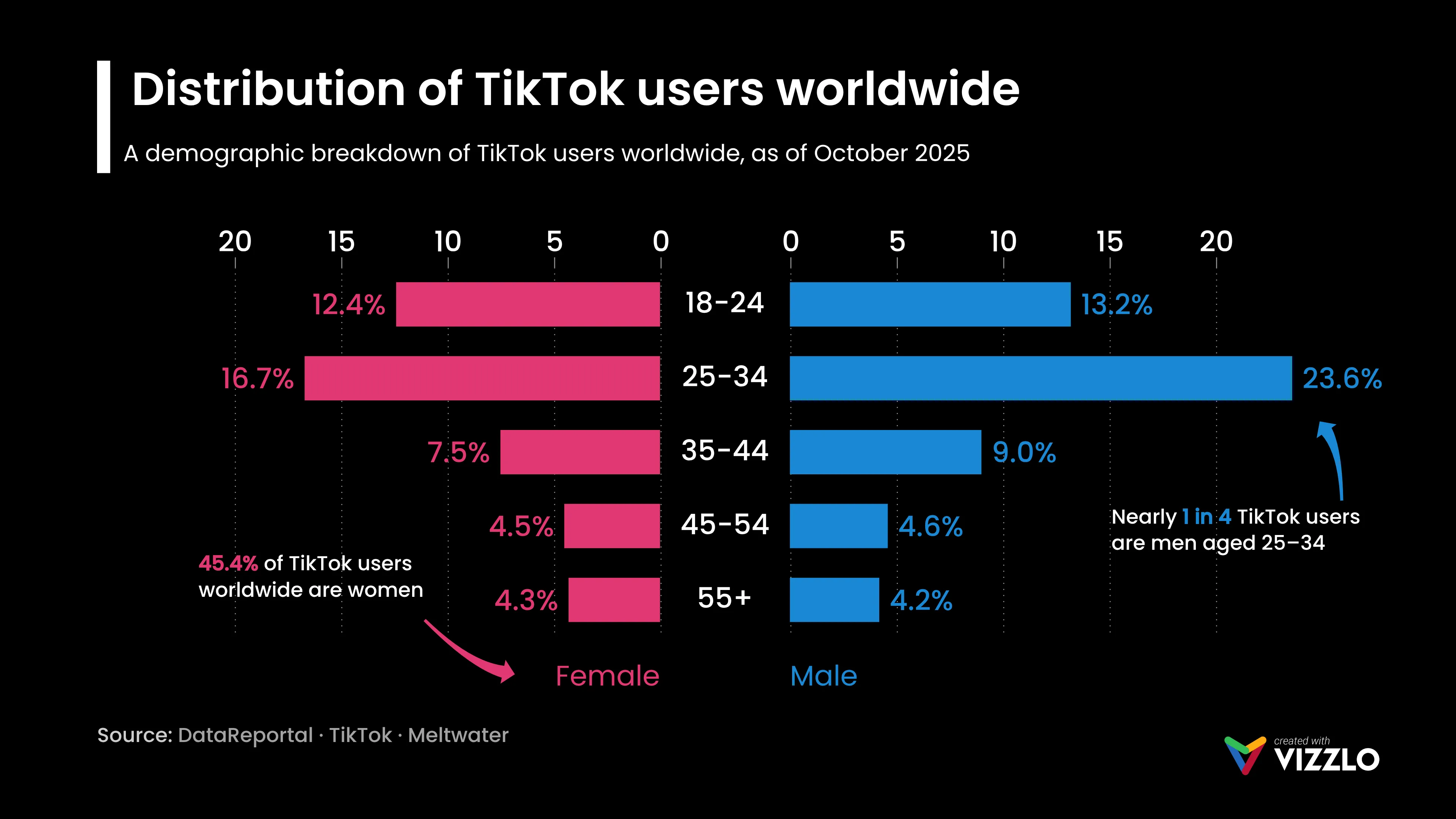 Butterfly Chart example: Distribution of TikTok users worldwide
